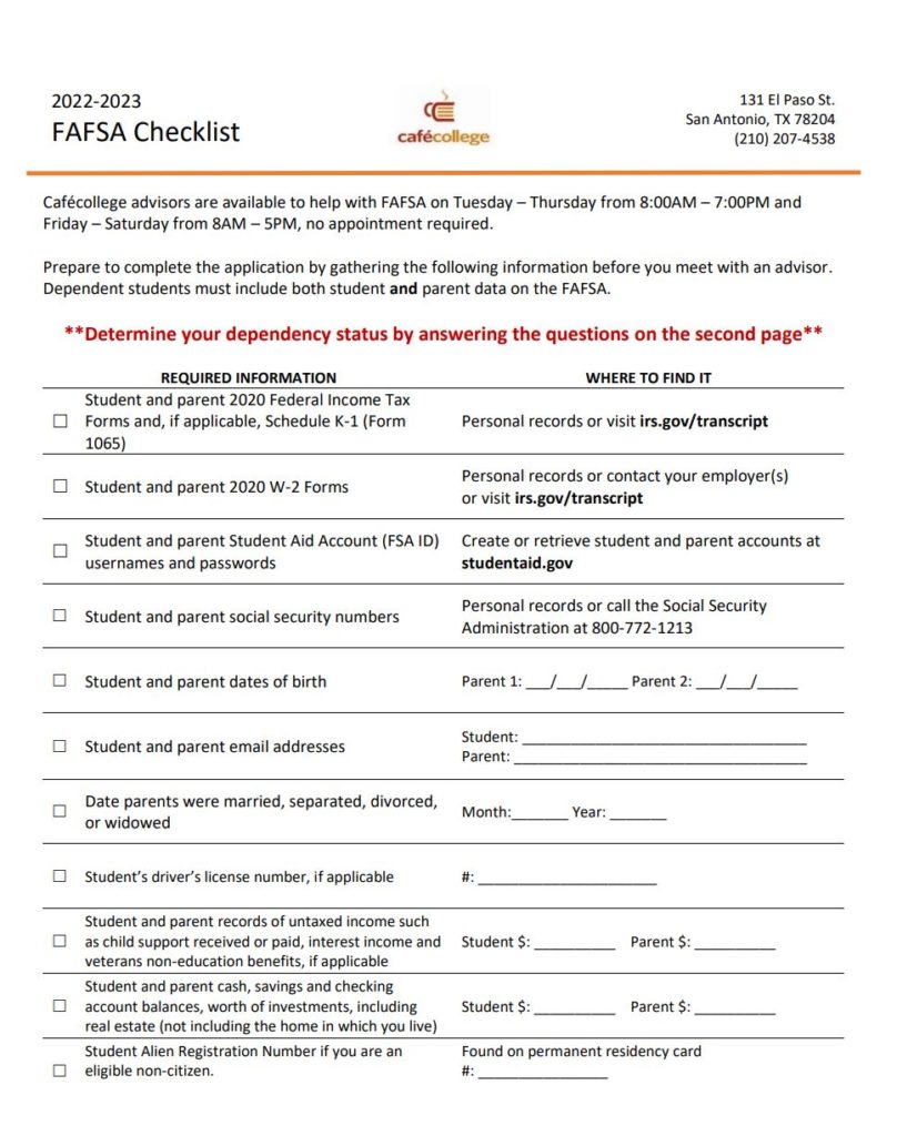 2022 23 FAFSA Checklist Page 1