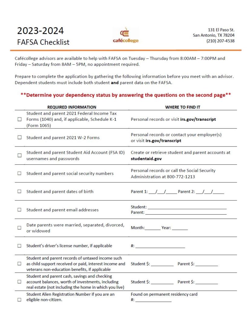22 23 fafsa checklist